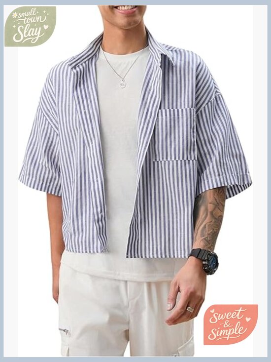 Other - Men's Striped Boxy Cropped Button Down Shirt Short Sleeve Patched Pocket Baggy